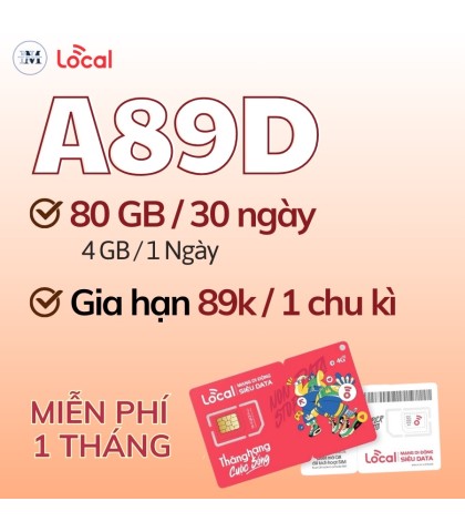 Sim Local Mobi A89D - 4GB/Ngày tốc độ cao - Miễn phí 1 tháng
